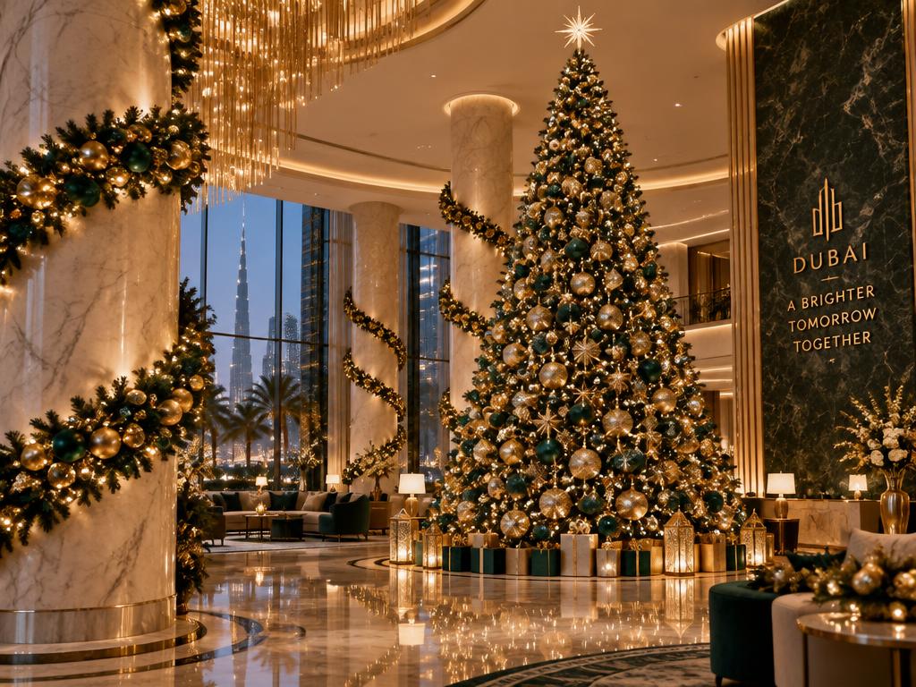 Tall decorated Christmas tree in a hotel lobby