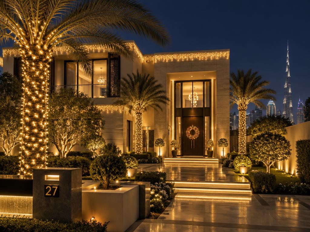 Villa facade and palm trees covered in warm fairy lights at night