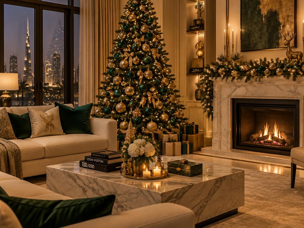 Christmas tree and garland in an elegant villa living room